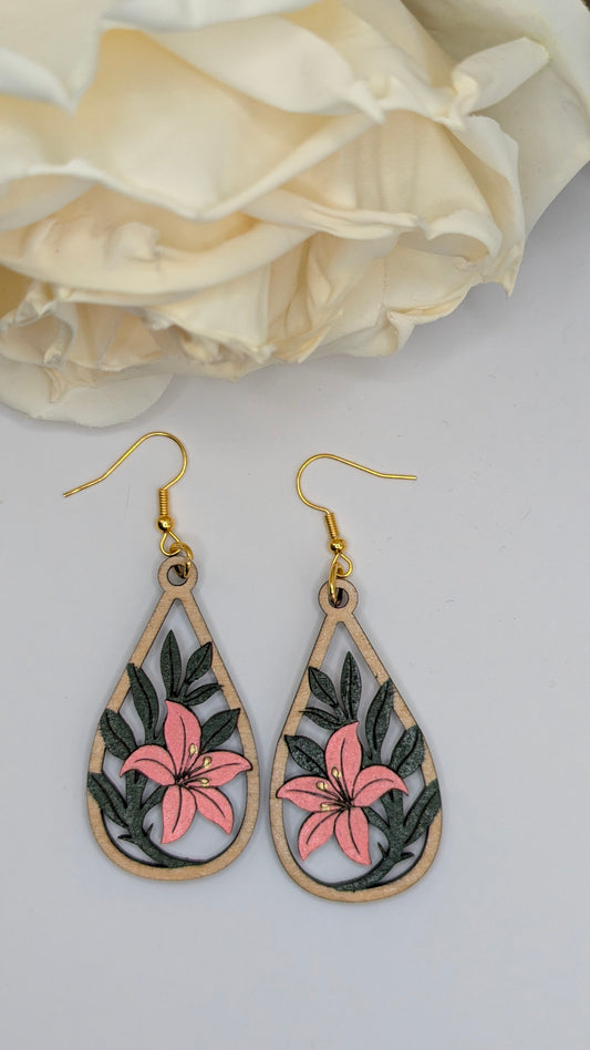 Lys en Goutte, Boucles d'oreilles en bois peint