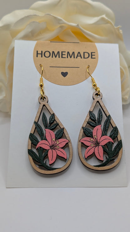 Lys en Goutte, Boucles d'oreilles en bois peint