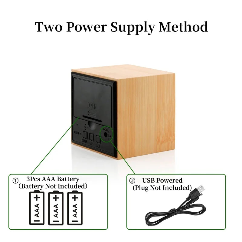 Voice Control Wooden Digital Alarm Clock TEMP Date 3 Alarms Desktop Electronic Table Clock 12/24H USB Powered LED Bedside Clock