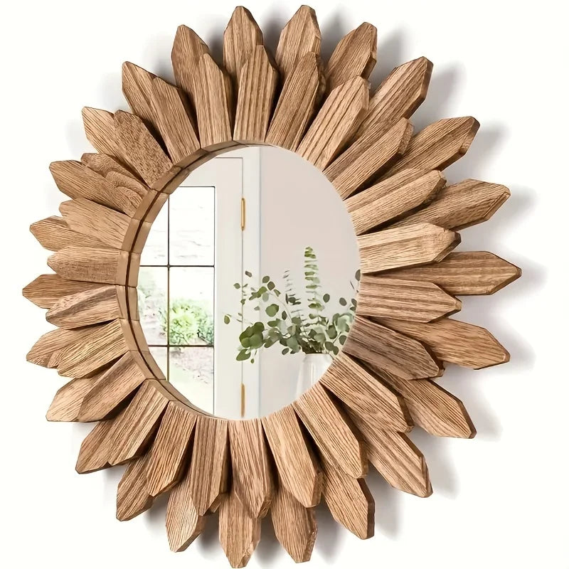 Wooden Wall-Mounted Mirror Sunflower Make-Up Mirror Creative round Mirror Bohemian Style Bedroom Decorative Mirror