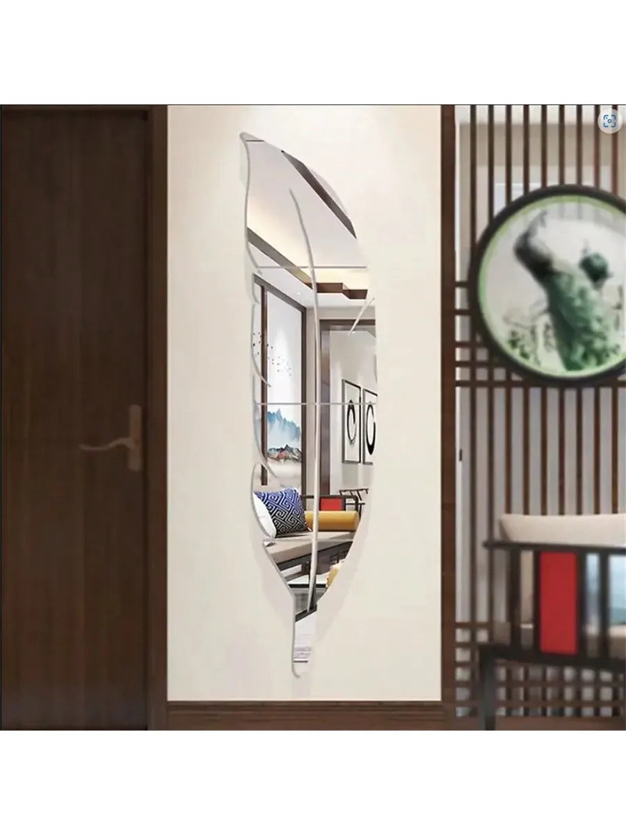 6Pcs/1Set Aryclic Feather Mirror Wall Stickers, Self Adhesive DIY Silver Home Art Decal Wall Decor, Living Room and Bedroom Wal