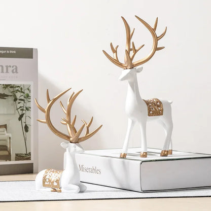 2Pcs Christmas Reindeer Sculpture Geometric Resin Sitting Standing Elk Deer Figurine Christmas Ornament Home Living Room Decor