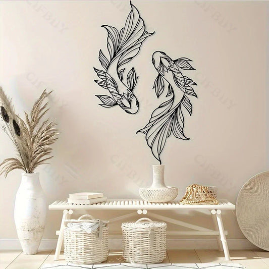 2Pcs Koi Metal Wall Art, Fish School Home Interior Wall Decoration, Living Room Metal Wall Art Decoration