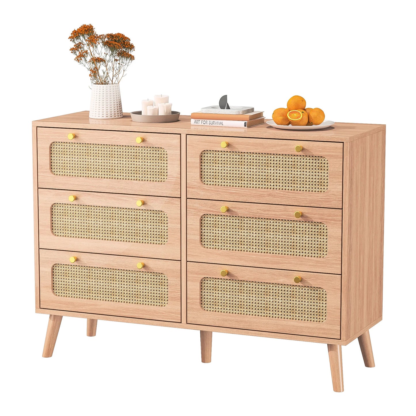 Meuble de rangement en rotin avec 6 tiroirs, commode, buffet, armoire polyvalente pour salon, chambre ou couloir