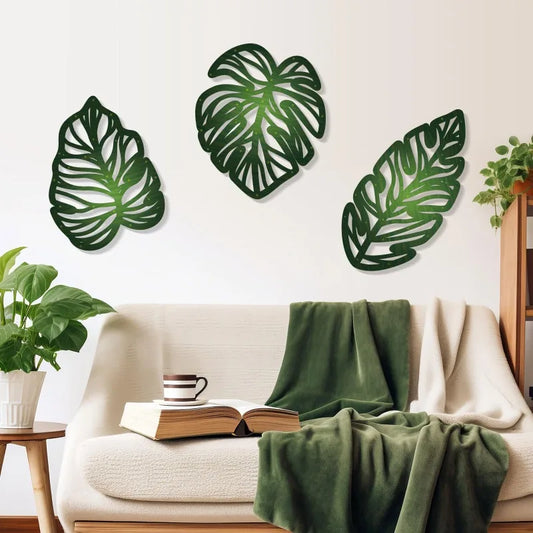 3Pcs Tropical Wall Art Palm Leaf Wooden Wall Decor Hanging Sculpture Vintage Plant Plaque for Home Bathroom Living Room Office