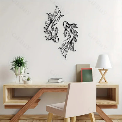 2Pcs Koi Metal Wall Art, Fish School Home Interior Wall Decoration, Living Room Metal Wall Art Decoration