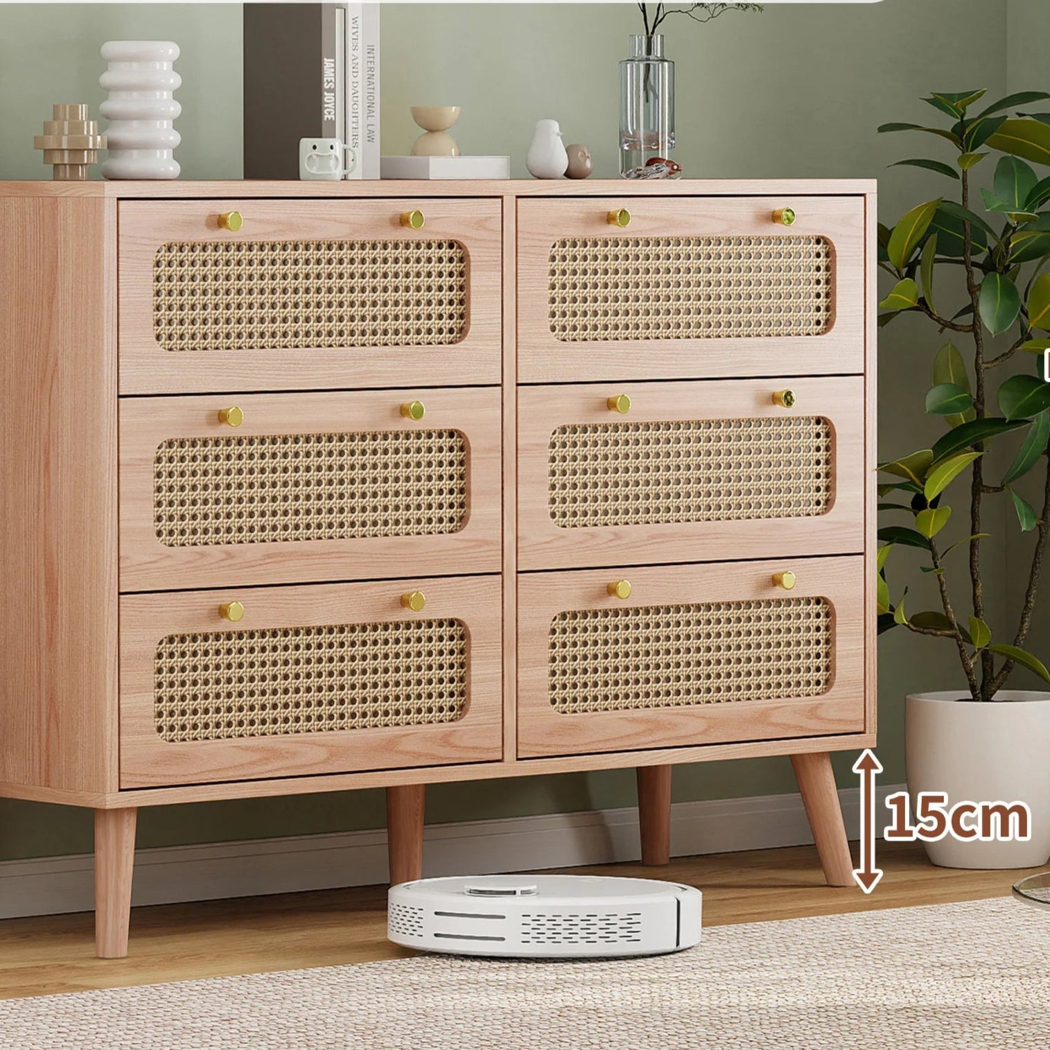 Meuble de rangement en rotin avec 6 tiroirs, commode, buffet, armoire polyvalente pour salon, chambre ou couloir