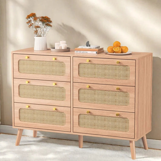 Meuble de rangement en rotin avec 6 tiroirs, commode, buffet, armoire polyvalente pour salon, chambre ou couloir