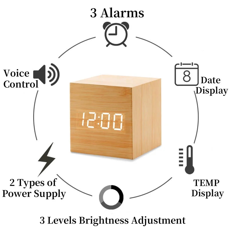 Voice Control Wooden Digital Alarm Clock TEMP Date 3 Alarms Desktop Electronic Table Clock 12/24H USB Powered LED Bedside Clock