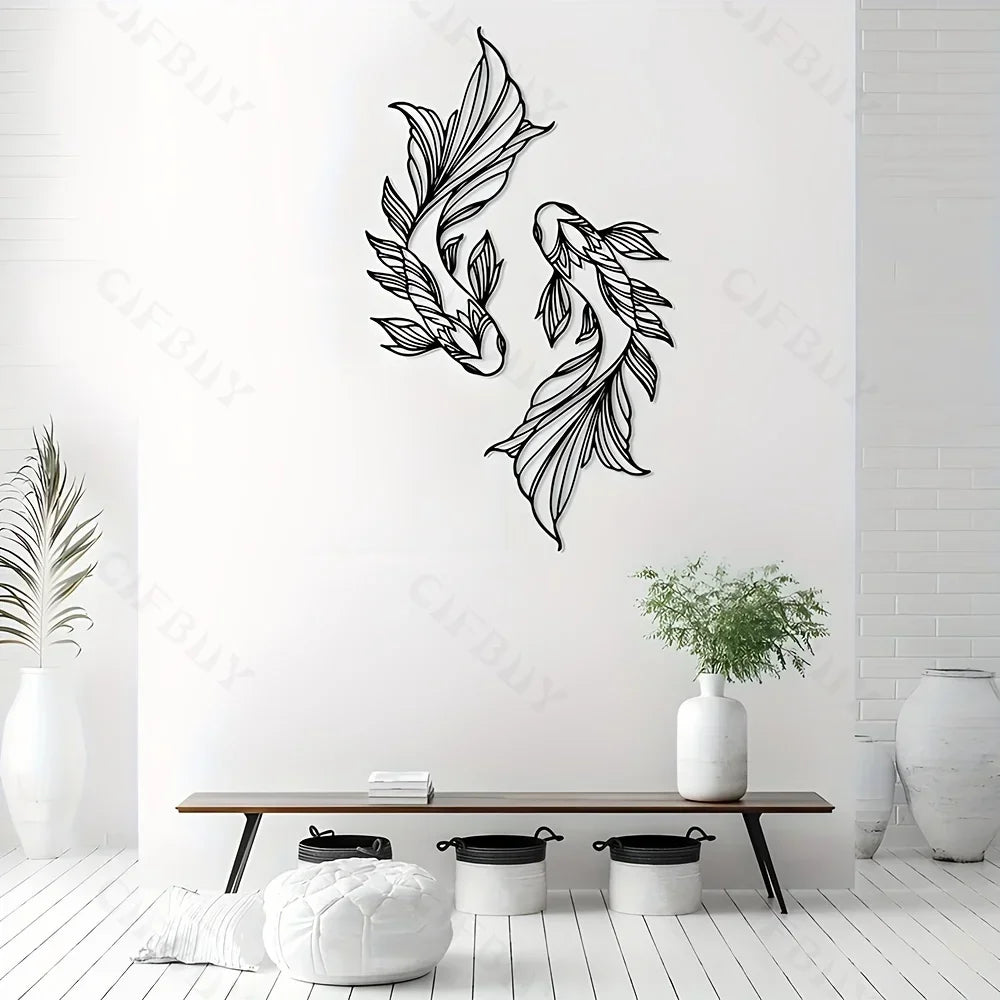 2Pcs Koi Metal Wall Art, Fish School Home Interior Wall Decoration, Living Room Metal Wall Art Decoration