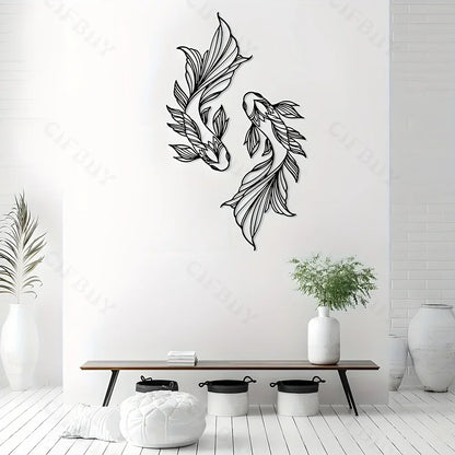 2Pcs Koi Metal Wall Art, Fish School Home Interior Wall Decoration, Living Room Metal Wall Art Decoration