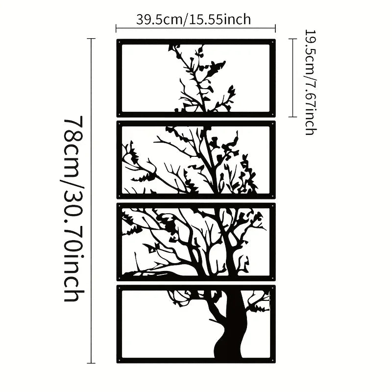 4Pcs Art Deco Black Metal Wall Decor, Tree of Life Silhouette Hanging Artwork, Indoor Home Decorations for Living Room
