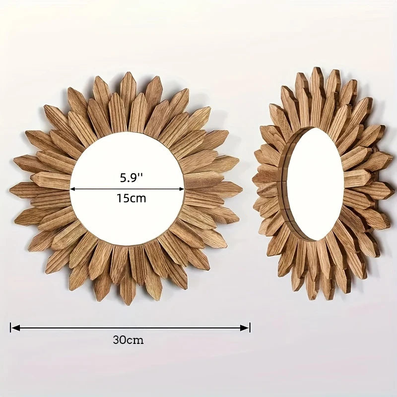 Wooden Wall-Mounted Mirror Sunflower Make-Up Mirror Creative round Mirror Bohemian Style Bedroom Decorative Mirror
