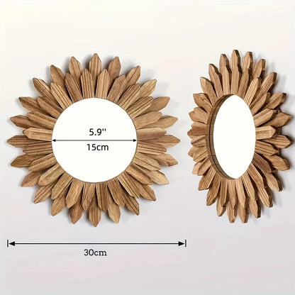 Wooden Wall-Mounted Mirror Sunflower Make-Up Mirror Creative round Mirror Bohemian Style Bedroom Decorative Mirror