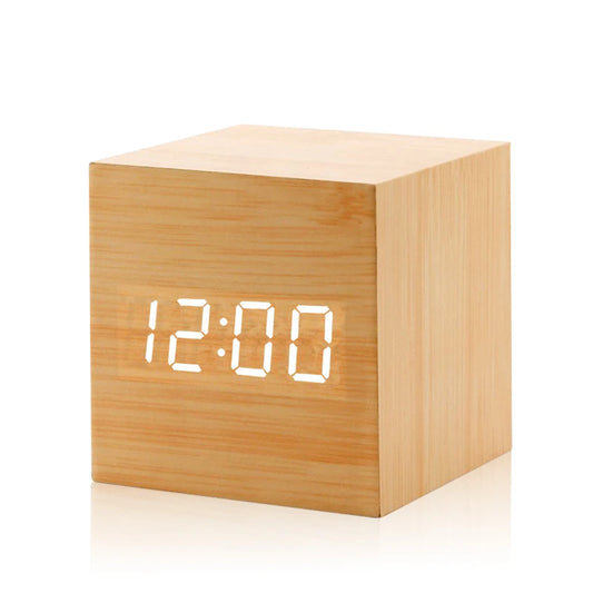 Voice Control Wooden Digital Alarm Clock TEMP Date 3 Alarms Desktop Electronic Table Clock 12/24H USB Powered LED Bedside Clock