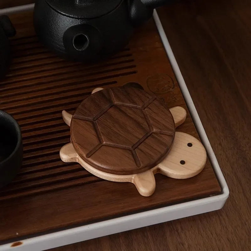 Cute Walnut Wood Turtle Coaster Heat-Resistant Insulation Mat for Tea Pots & Kettles Unique Table Ornament & Protector