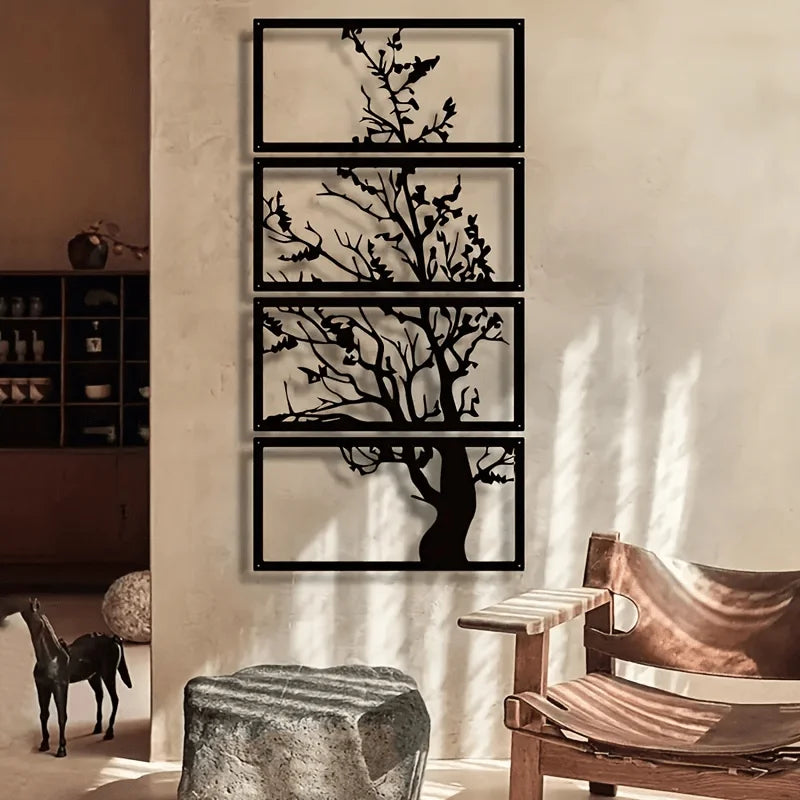 4Pcs Art Deco Black Metal Wall Decor, Tree of Life Silhouette Hanging Artwork, Indoor Home Decorations for Living Room
