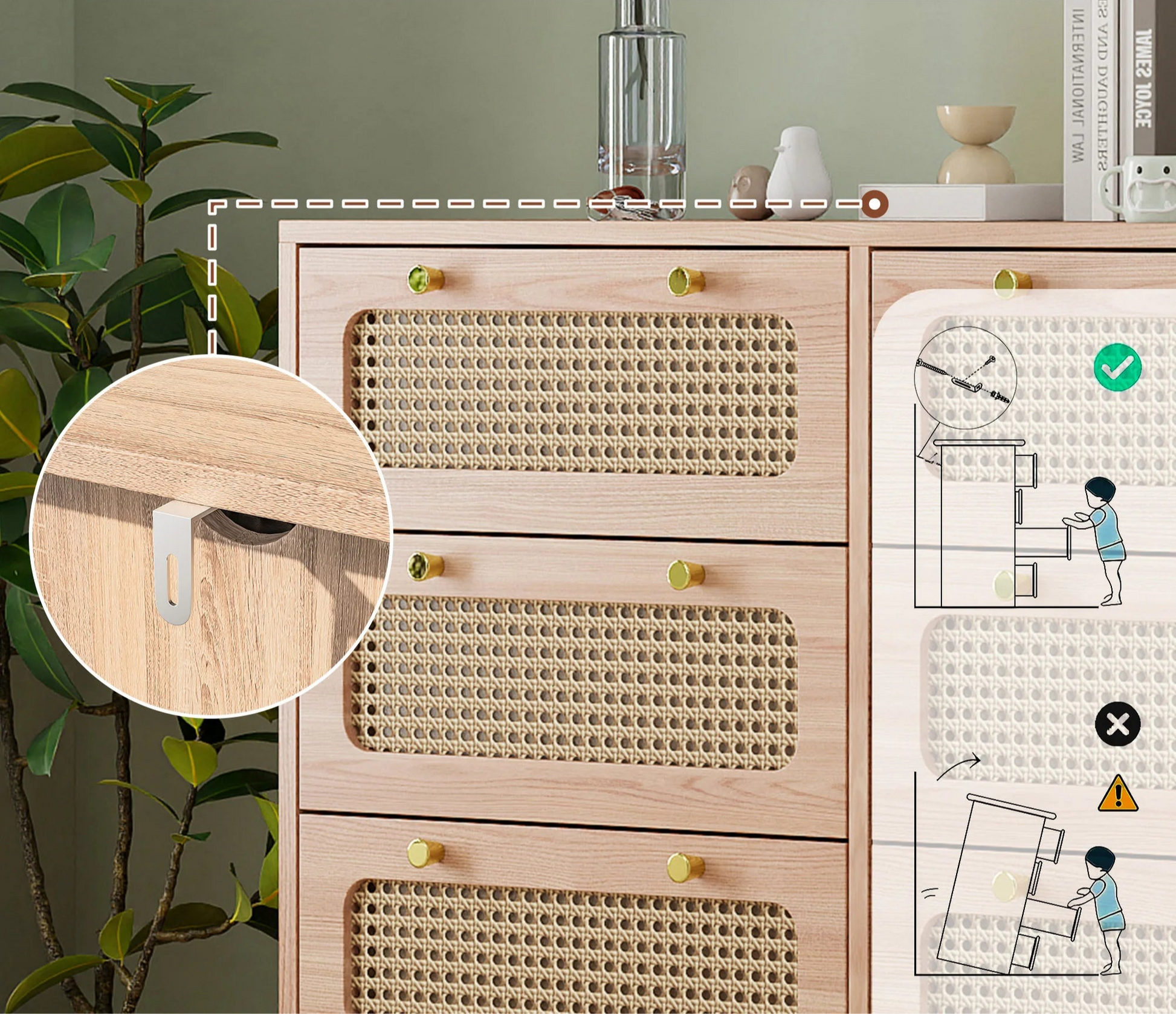 Meuble de rangement en rotin avec 6 tiroirs, commode, buffet, armoire polyvalente pour salon, chambre ou couloir