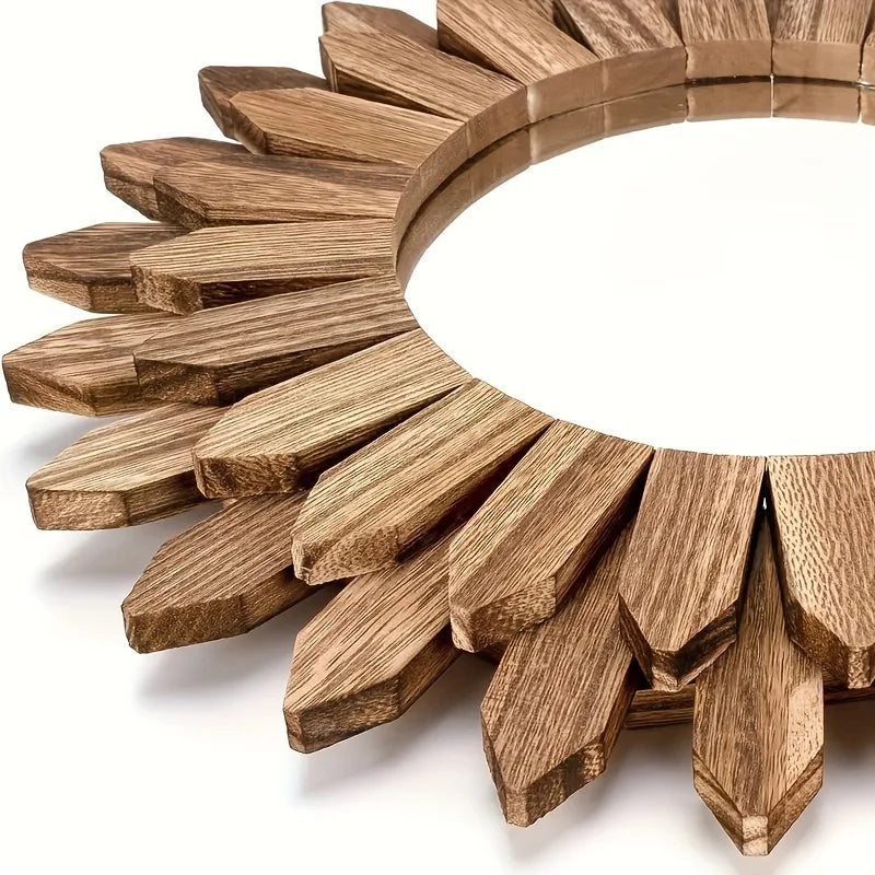Wooden Wall-Mounted Mirror Sunflower Make-Up Mirror Creative round Mirror Bohemian Style Bedroom Decorative Mirror