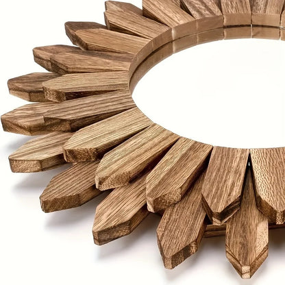 Wooden Wall-Mounted Mirror Sunflower Make-Up Mirror Creative round Mirror Bohemian Style Bedroom Decorative Mirror