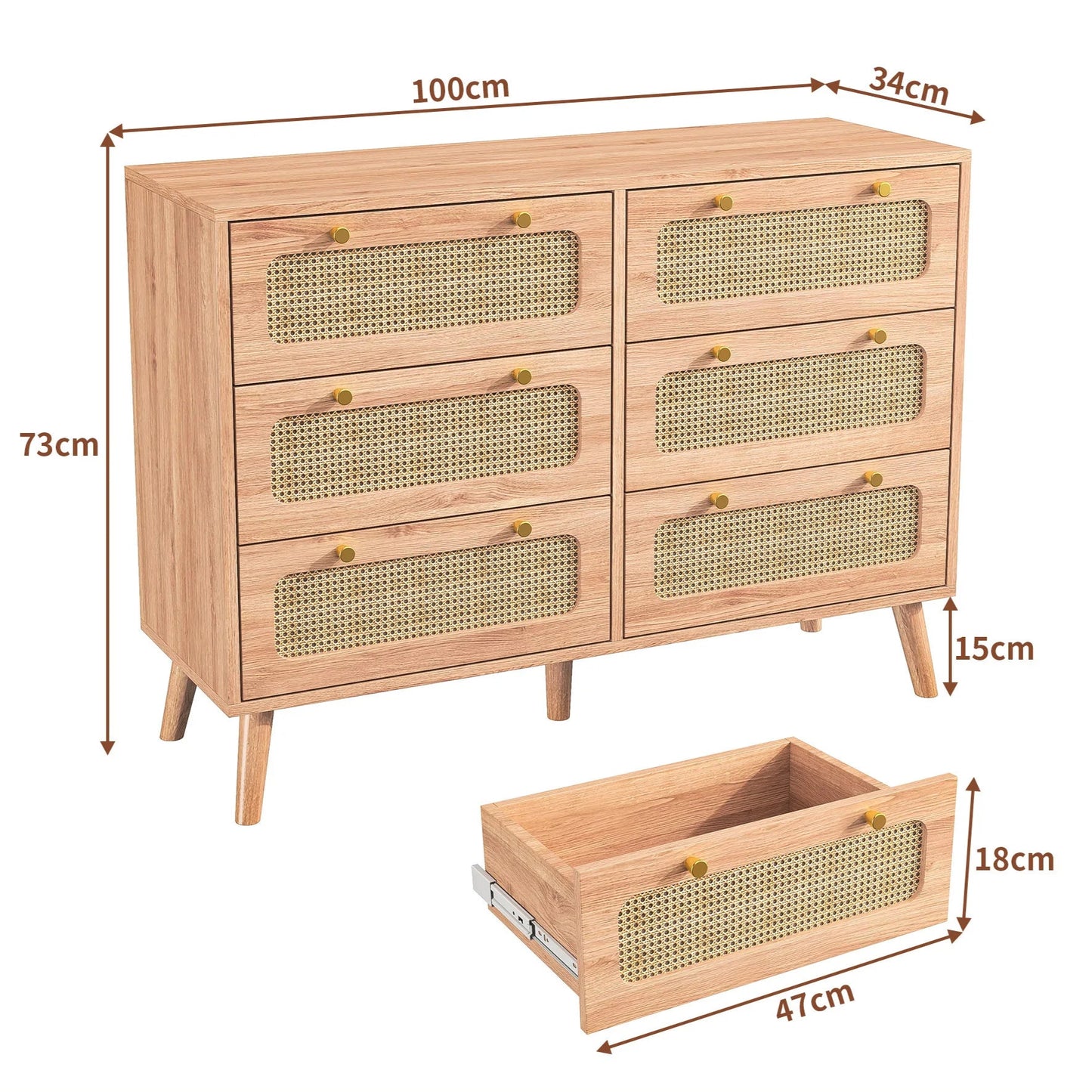 Meuble de rangement en rotin avec 6 tiroirs, commode, buffet, armoire polyvalente pour salon, chambre ou couloir
