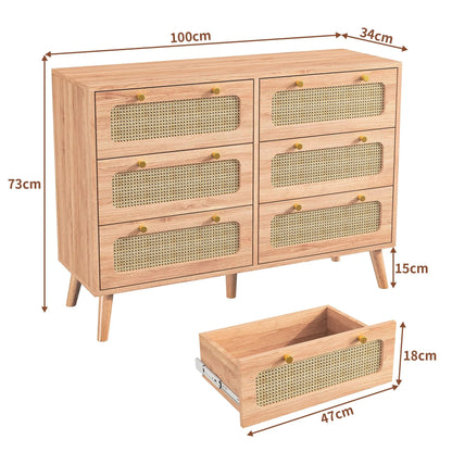 Meuble de rangement en rotin avec 6 tiroirs, commode, buffet, armoire polyvalente pour salon, chambre ou couloir