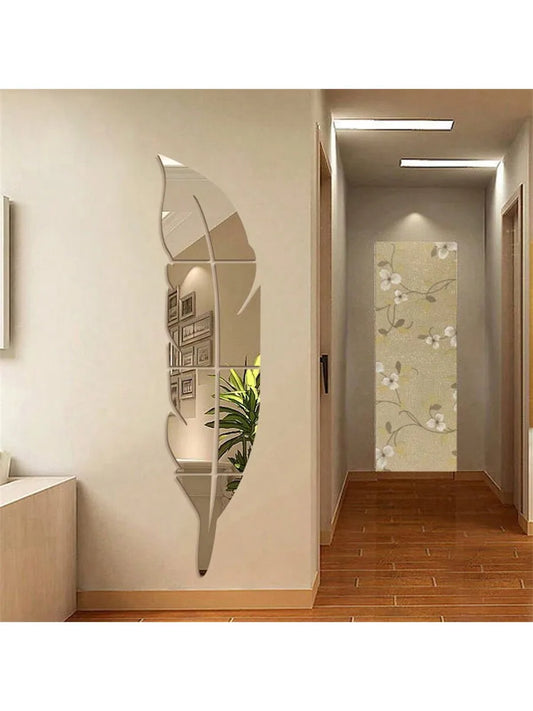 6Pcs/1Set Aryclic Feather Mirror Wall Stickers, Self Adhesive DIY Silver Home Art Decal Wall Decor, Living Room and Bedroom Wal