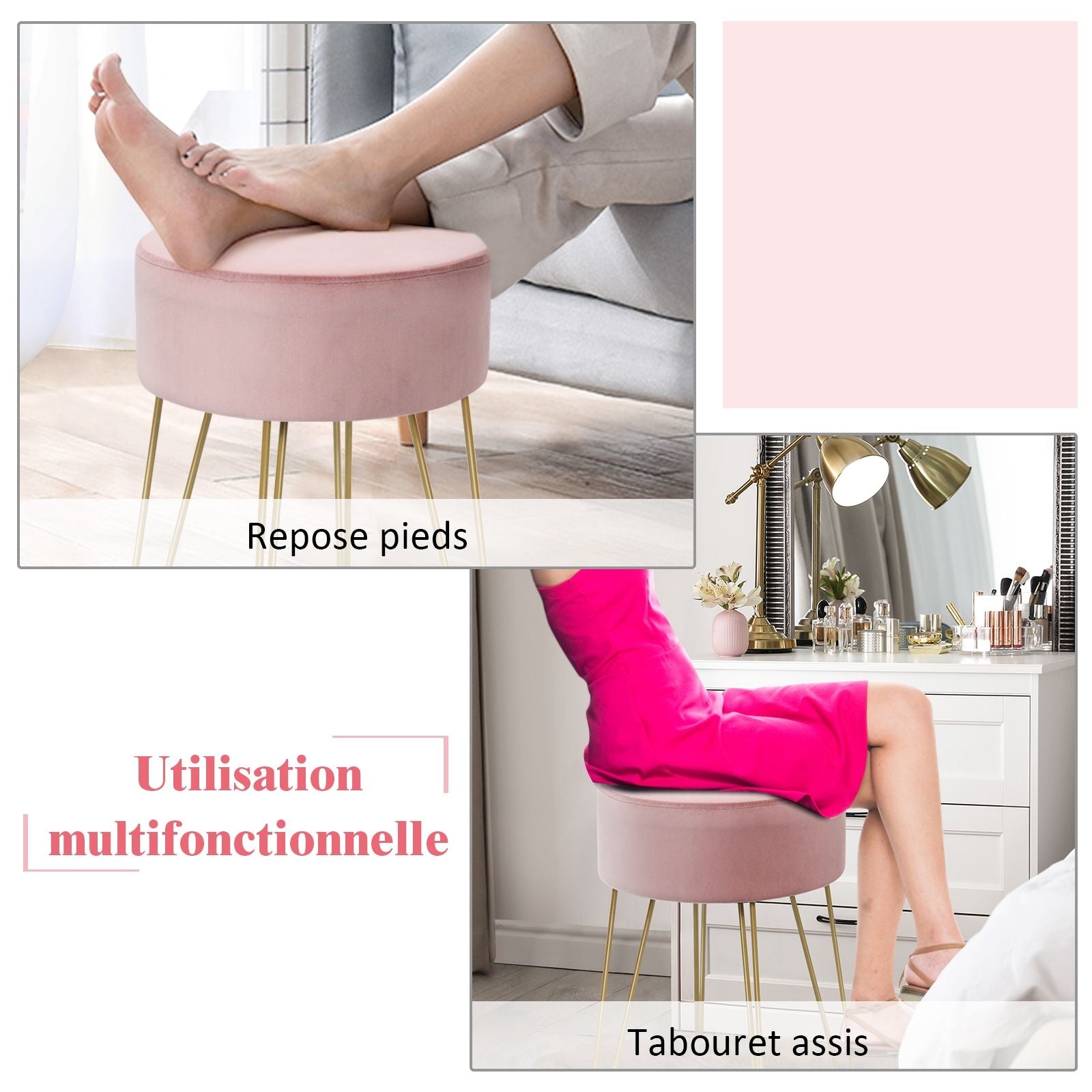 Pouf Tabouret Rond Ø39Cm En Velours Avec Pieds Métalliques Robustes Bleu Foncé/Gris/Rose