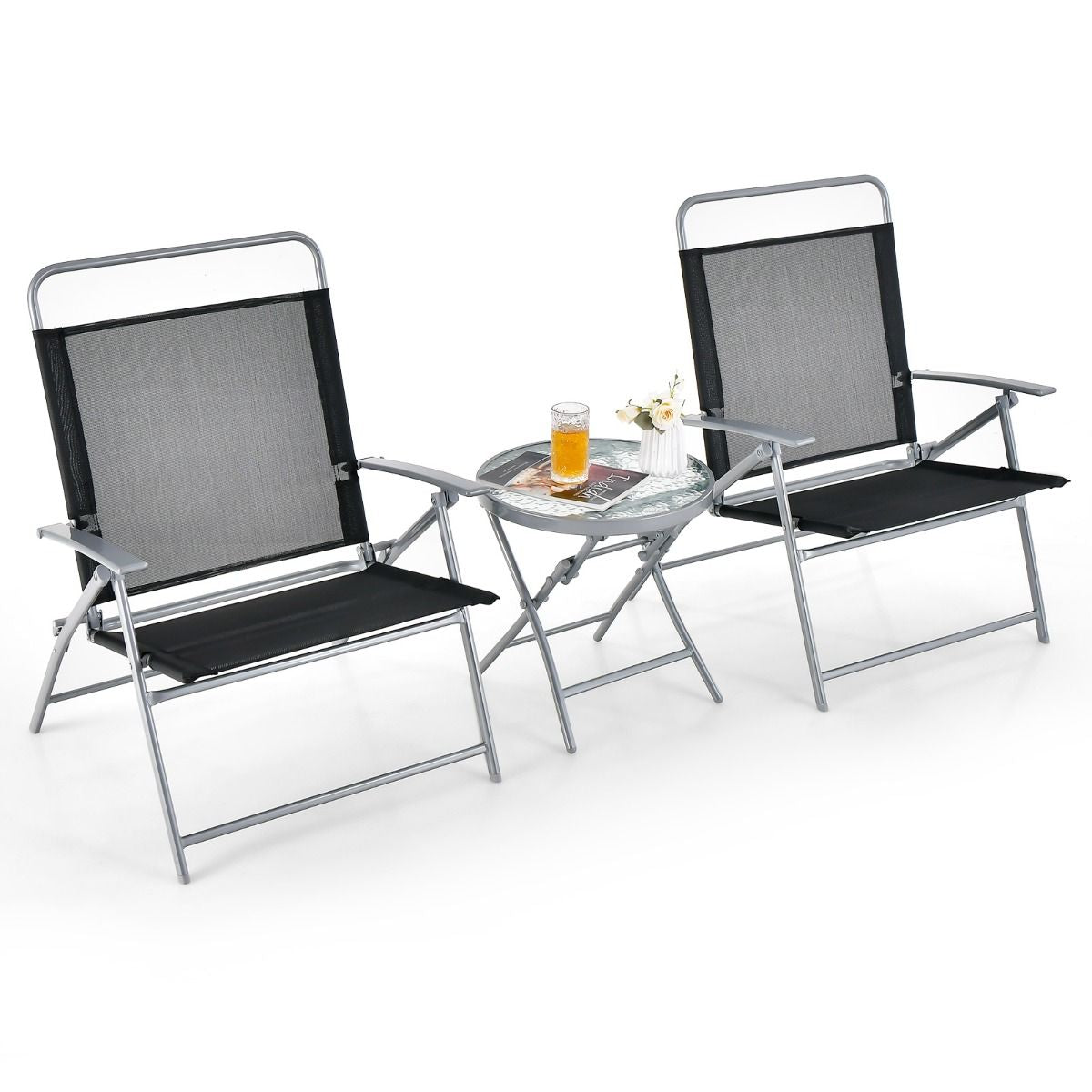 Salon De Jardin 3 Pièces Pour Patio Cadre Métallique Avec Table Basse En Verre Trempé Ensemble De Chaises Et Table Pliantes Portables Noir