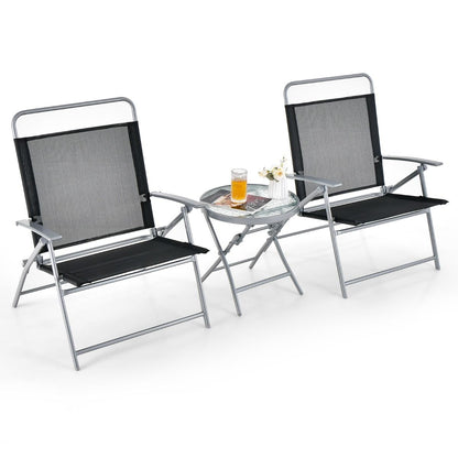 Salon De Jardin 3 Pièces Pour Patio Cadre Métallique Avec Table Basse En Verre Trempé Ensemble De Chaises Et Table Pliantes Portables Noir