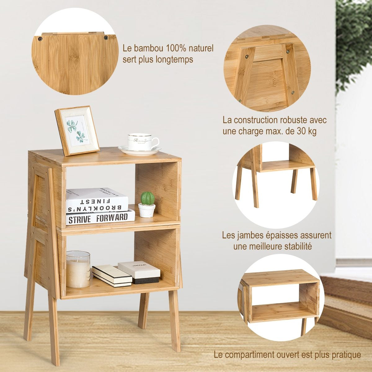 Lot De 2 Table De Chevet Matériau Non-Toxique Avec Compartiment De Rangement Ouvert Naturel