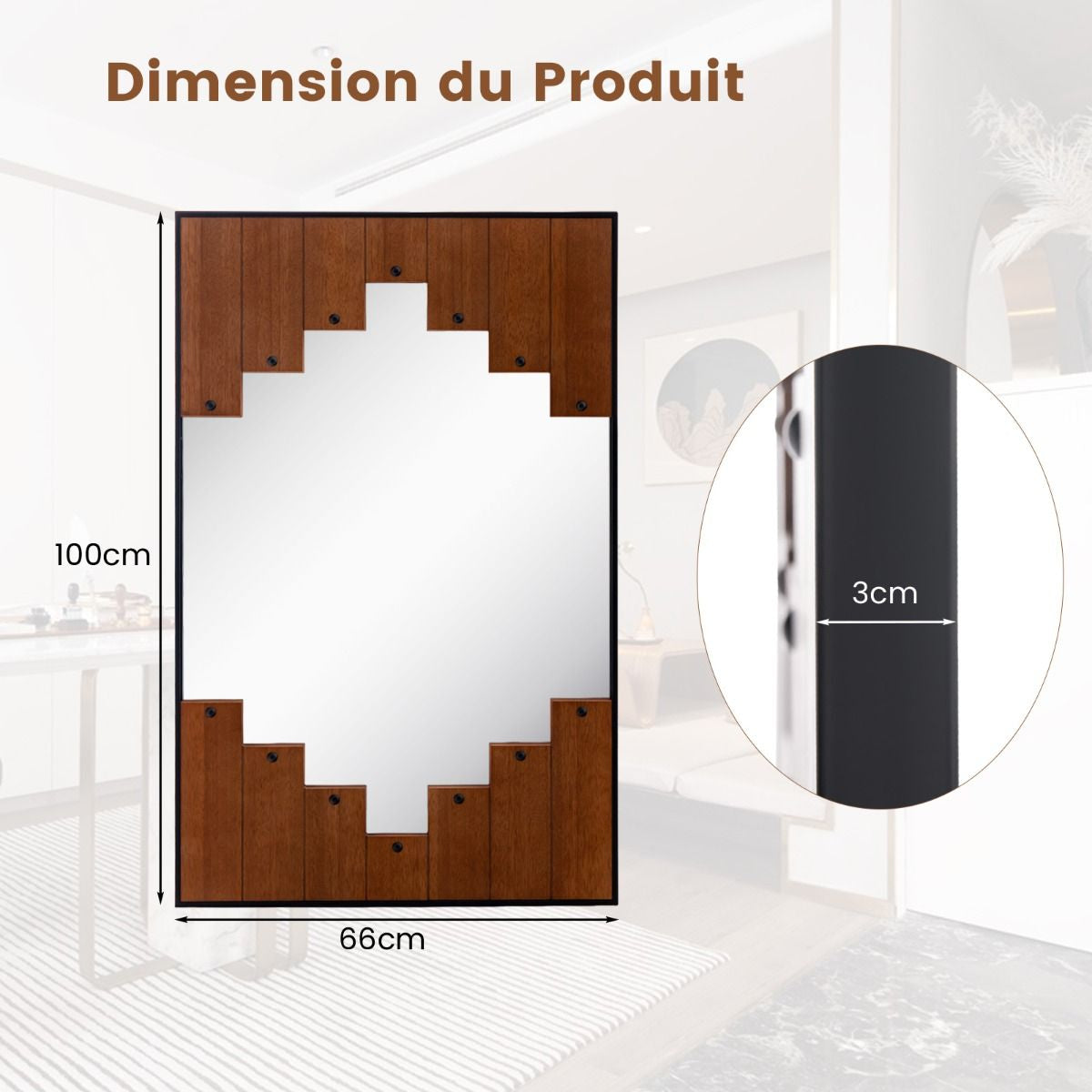 Miroir Mural Rectangulaire Décoratif Grand Miroir Mural 100 X 66 Cm Avec Cadre En Forme De Touches De Piano Crochet Bidirectionnel Pour Salon Noir
