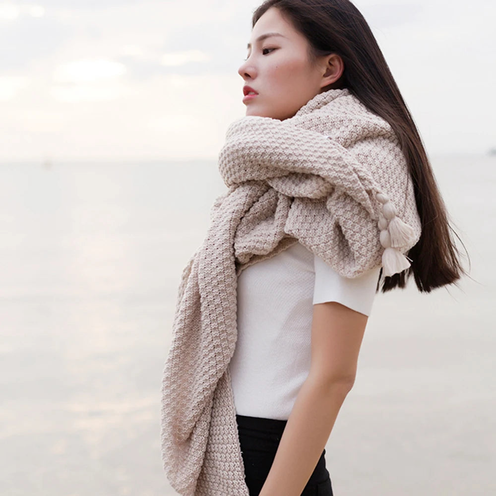 Tassel Knitted Ball Woolen Blanket Sofa Super Warm Cozy Throw Blankets for Office Siesta Air-Conditioner Bedspread Bedding