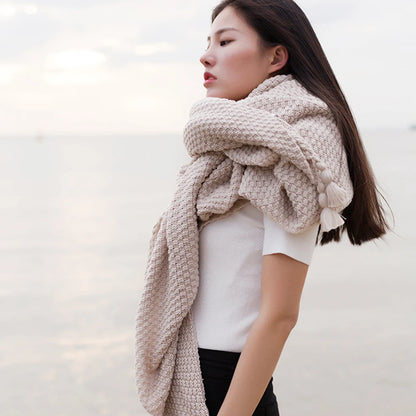 Tassel Knitted Ball Woolen Blanket Sofa Super Warm Cozy Throw Blankets for Office Siesta Air-Conditioner Bedspread Bedding