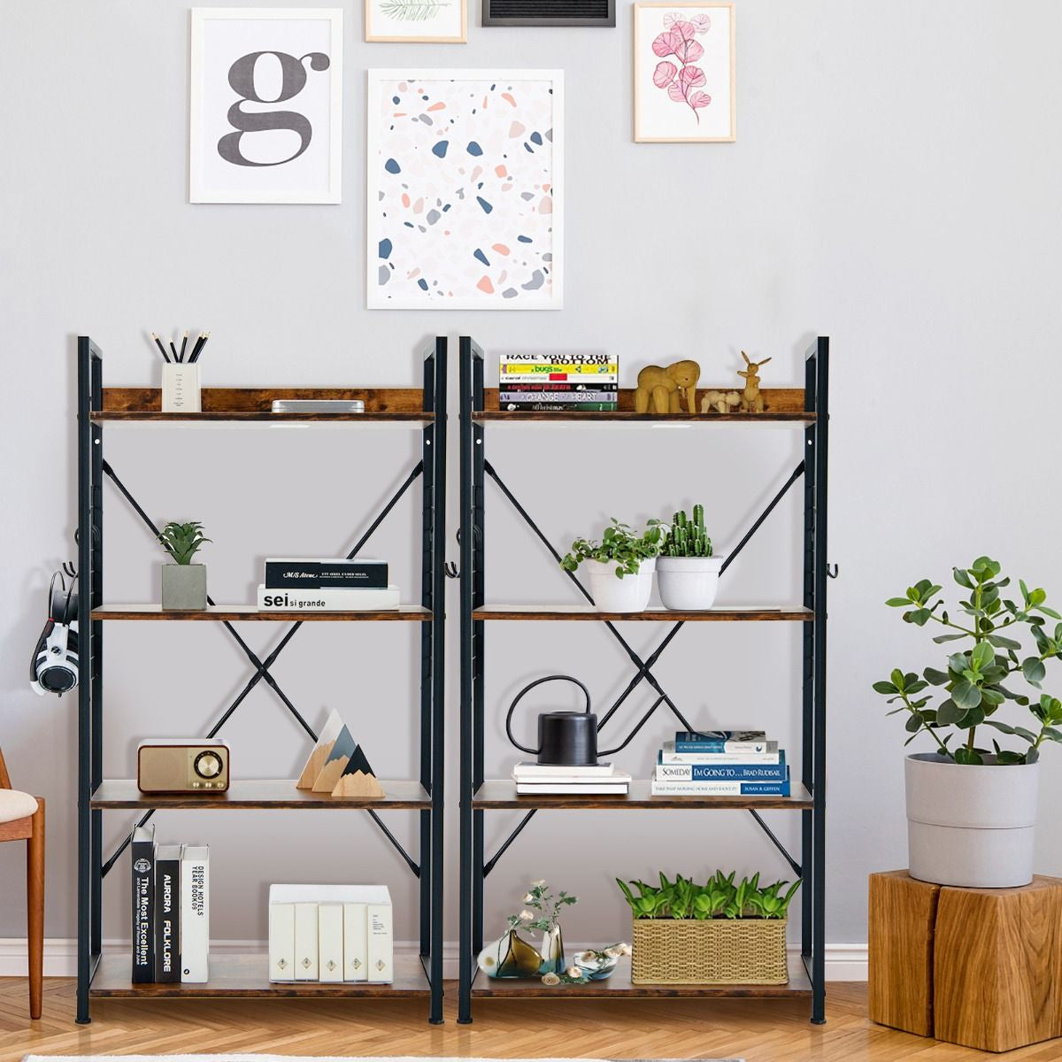 Étagère Industrielle À 4 Niveaux Bibliothèque Multifonctionnelle Avec Patins Et Étagère Réglables Pour Salon Bureau 64 X 24 X 110 Cm Café