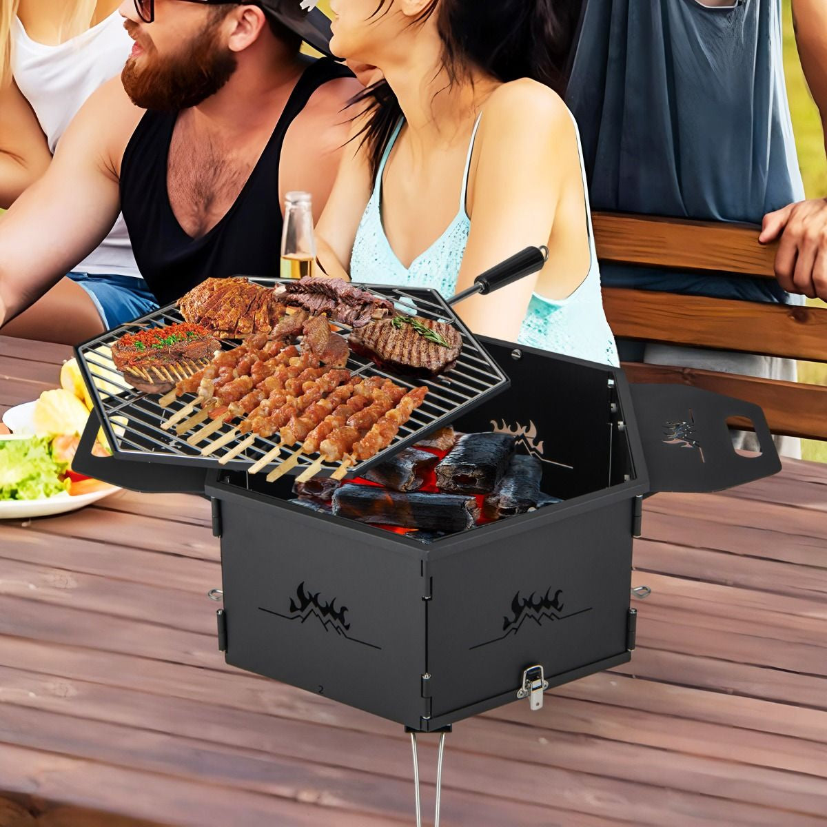 Barbecue De Charbon De Bois Portable Avec Grille Rotative À 360° Barbecue Portable Avec Poignées Corps Et Pieds Pliables, Pour Pique-Nique Camping