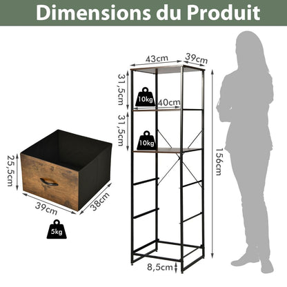 Bibliothèque -3 Etagères Et 3 Tiroirs Étagère De Rangement De Style Industriel 43 X 39 X 156 Cm (L X L X H) De Couleur Marron Rustique