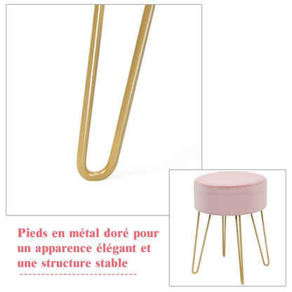 Pouf Tabouret Rond Ø39Cm En Velours Avec Pieds Métalliques Robustes Bleu Foncé/Gris/Rose