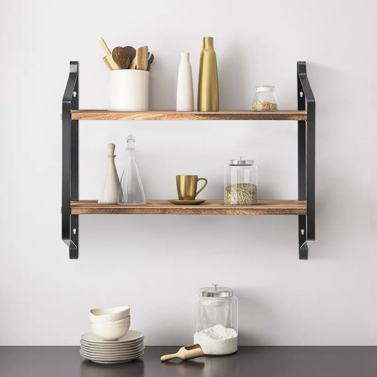 Etagere Murale En Bois Et Métal Porte-Épices Pour Cuisine Etagère À 2 Niveaux