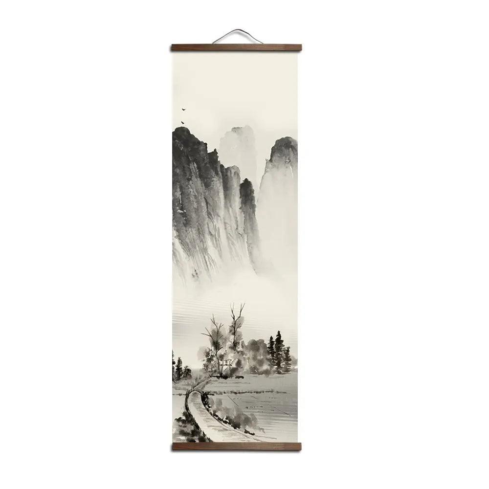 Chinese Style Ink Painting Alpine Canvas Decorative Painting Bedroom Living Room Wall Art Posters Solid Wood Scroll Paintings