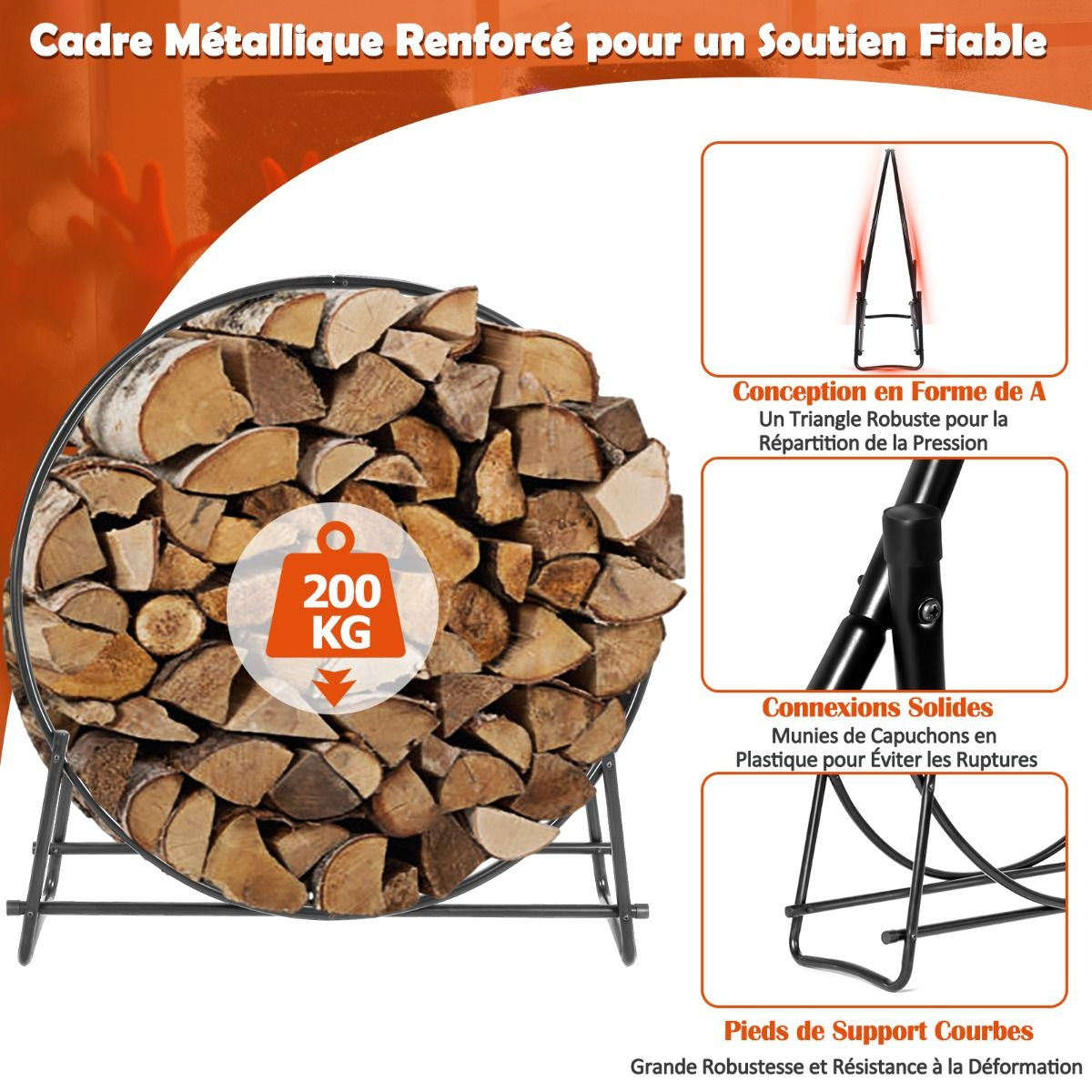 Range-Bûches 102 CM Support Tubulaire Métallique Robuste Pour Bois De Chauffage Montage Facile Range-Bûches Pour Patio Noir