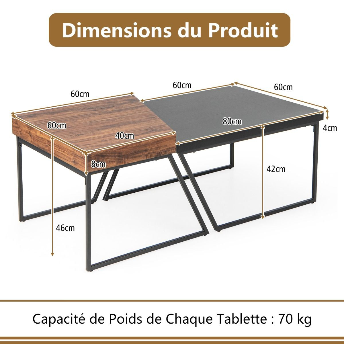 Lot de 2 tables basses gigognes avec cadre métal