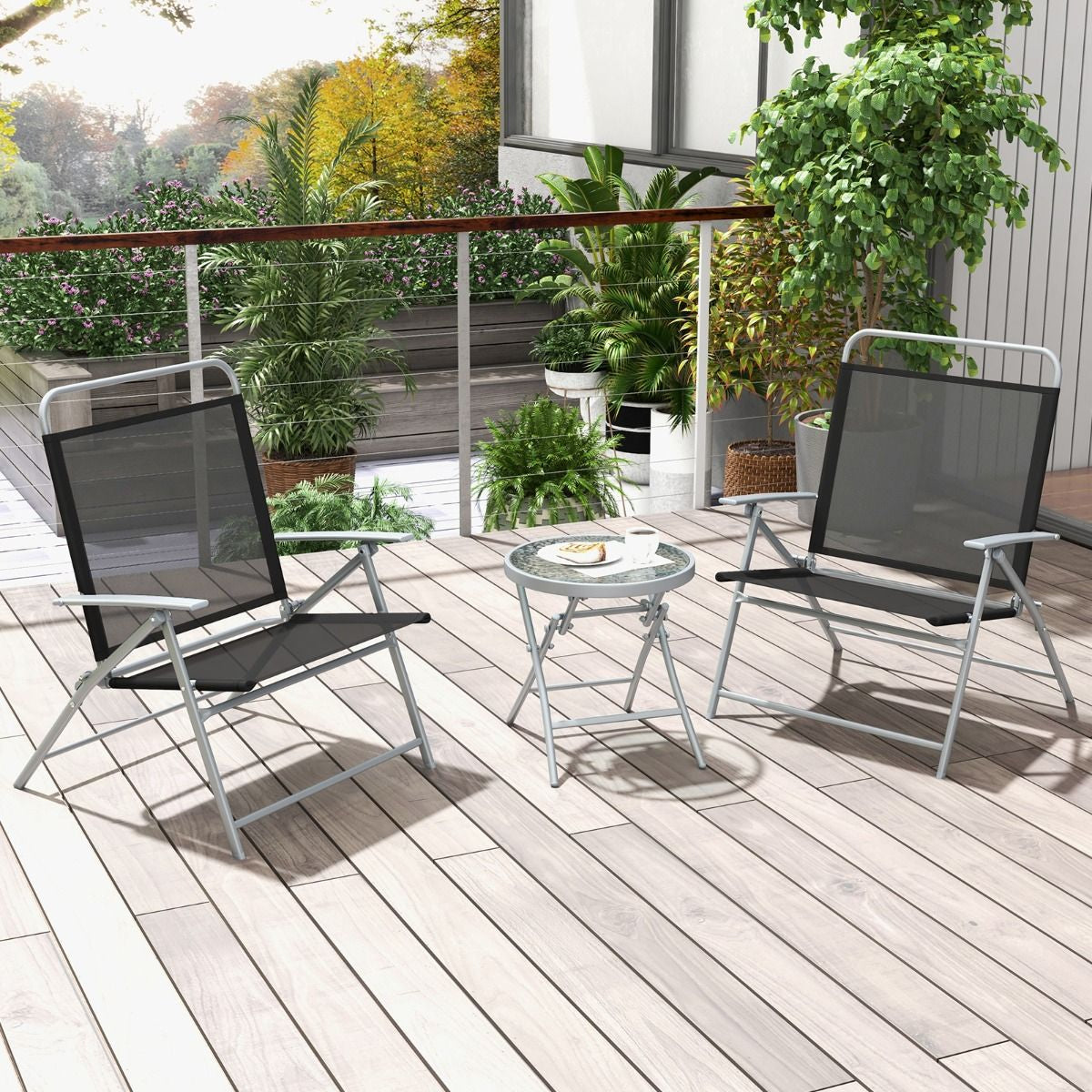 Salon De Jardin 3 Pièces Pour Patio Cadre Métallique Avec Table Basse En Verre Trempé Ensemble De Chaises Et Table Pliantes Portables Noir