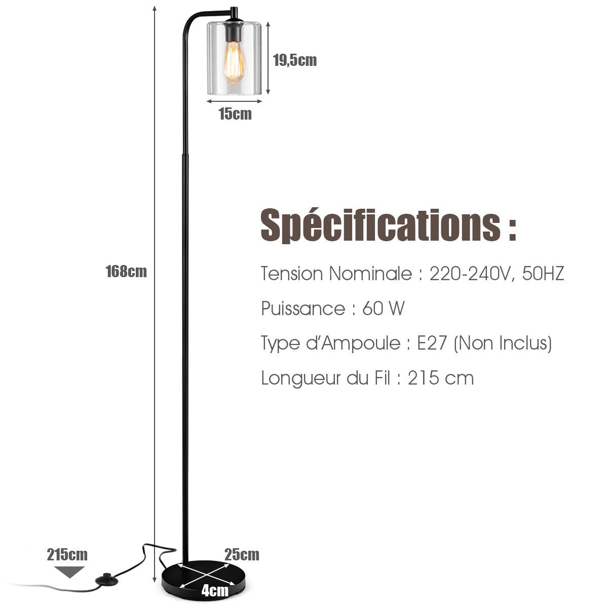 Lampadaire Sur Pied Lampadaire Style Industriel Avec Abat-Jour En Verre Suspendu Avec Interrupteur Au Pied Noir