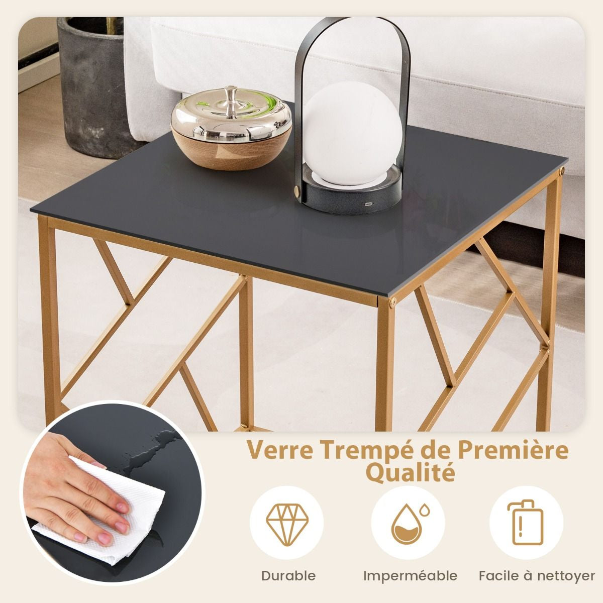 Table D'Appoint Carrée Bout De Canapé Avec Plateau En Verre Trempé Cadre Géométrique Doré Petite Table Basse Salon Moderne 50 X 50 X 55 Cm Noir