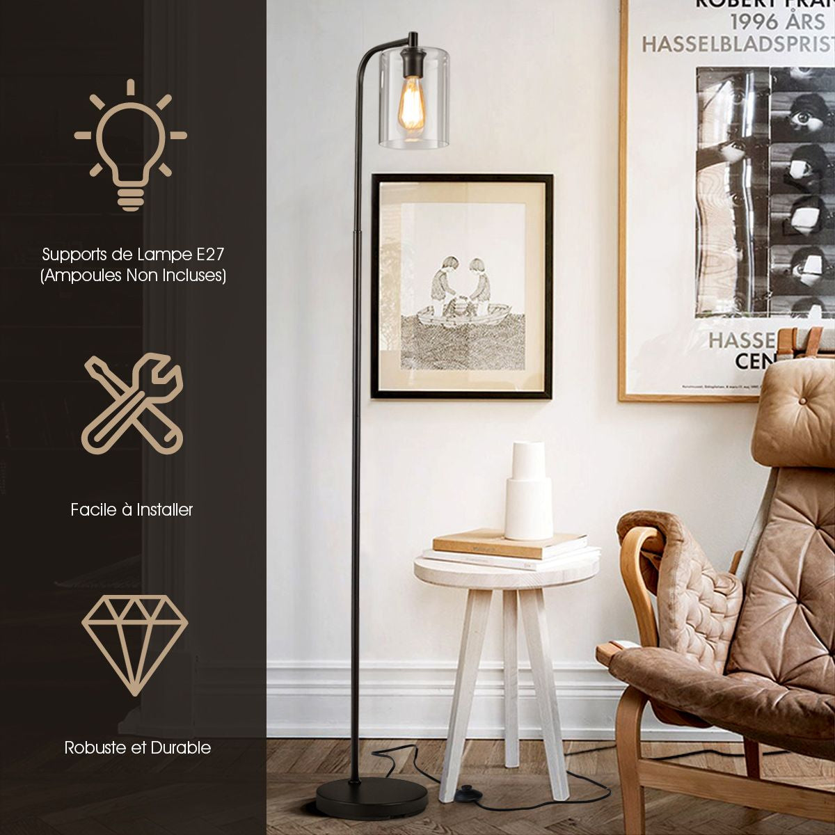 Lampadaire Sur Pied Lampadaire Style Industriel Avec Abat-Jour En Verre Suspendu Avec Interrupteur Au Pied Noir
