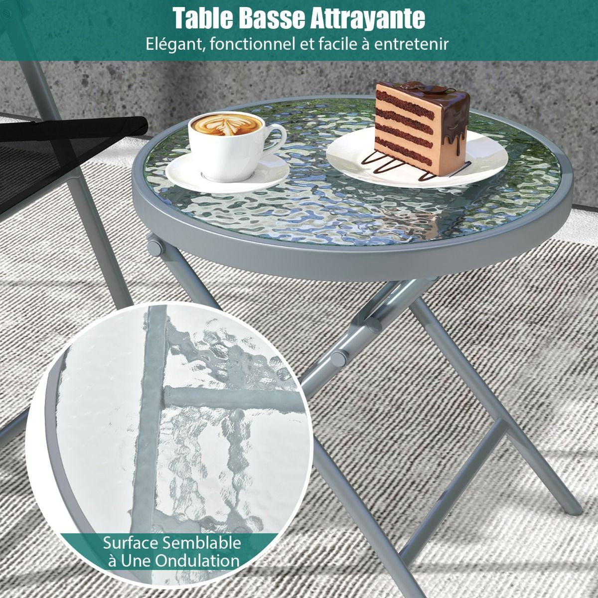 Salon De Jardin 3 Pièces Pour Patio Cadre Métallique Avec Table Basse En Verre Trempé Ensemble De Chaises Et Table Pliantes Portables Noir