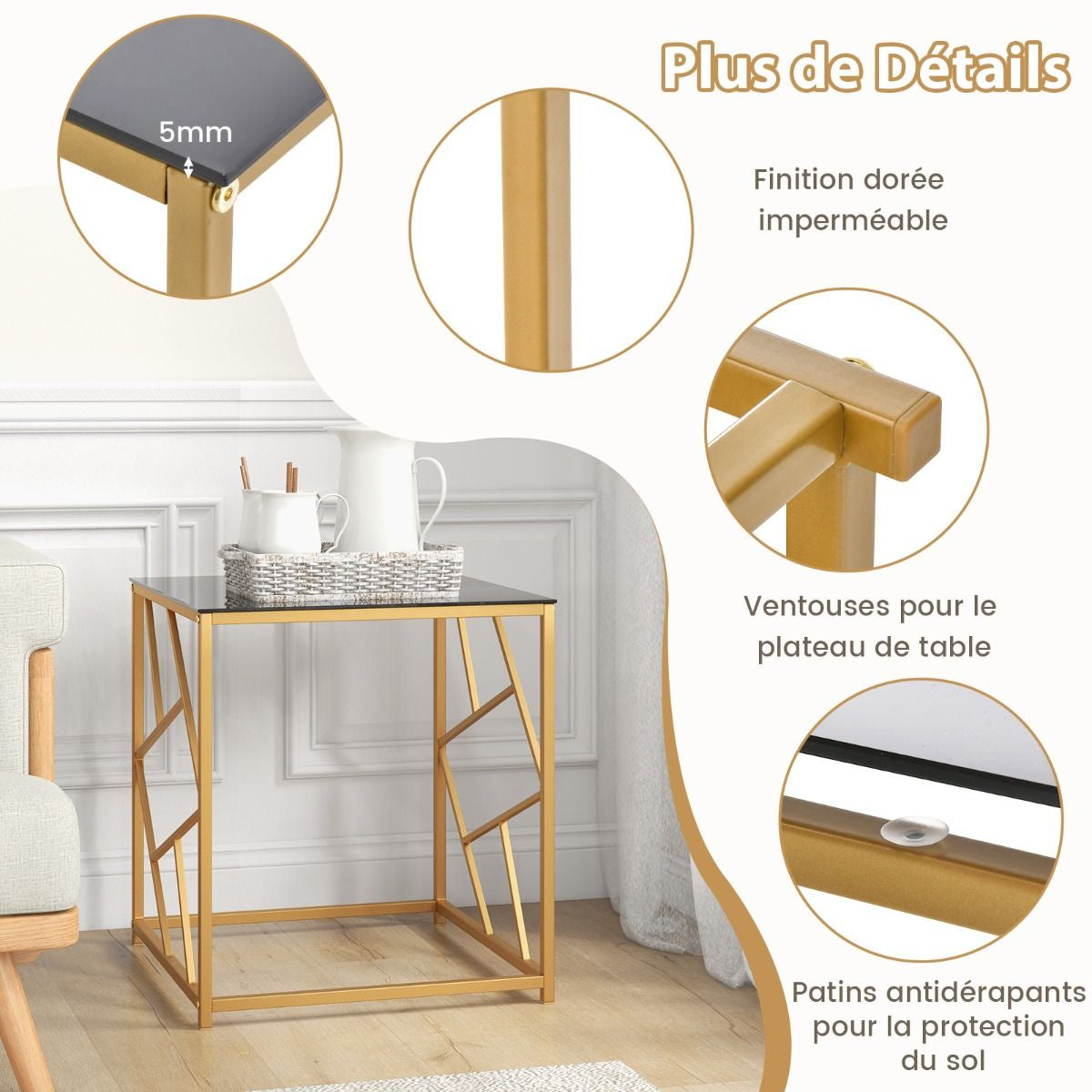 Table D'Appoint Carrée Bout De Canapé Avec Plateau En Verre Trempé Cadre Géométrique Doré Petite Table Basse Salon Moderne 50 X 50 X 55 Cm Noir