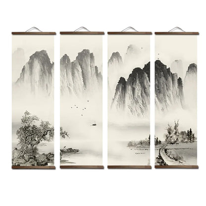 Chinese Style Ink Painting Alpine Canvas Decorative Painting Bedroom Living Room Wall Art Posters Solid Wood Scroll Paintings