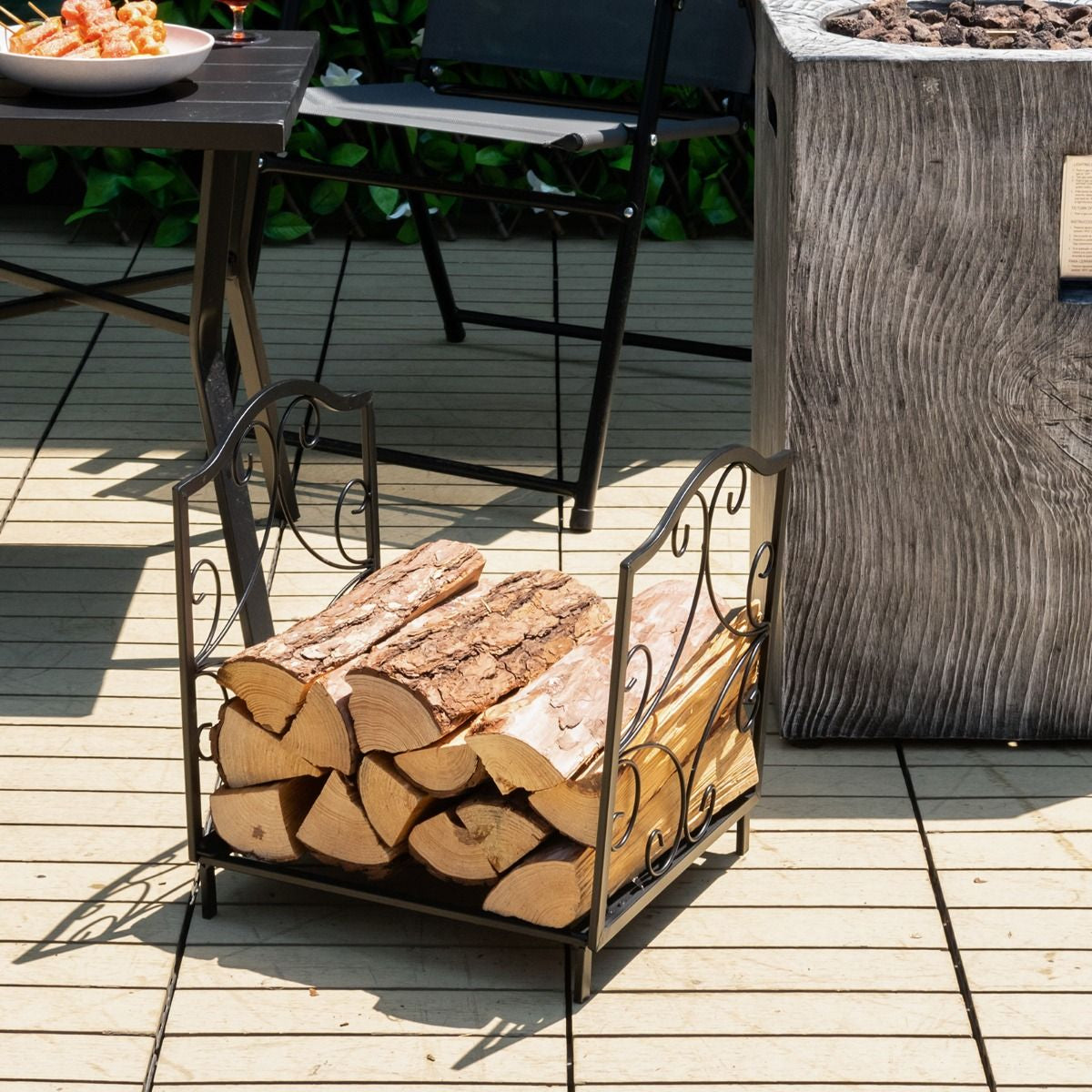 Porte-Bûches En Fer Forgé Avec Poignée Charge Max 60 Kg De Bois Range-Bûche Pour Poêle Brasero Foyer Cheminée 44X32X39,5Cm